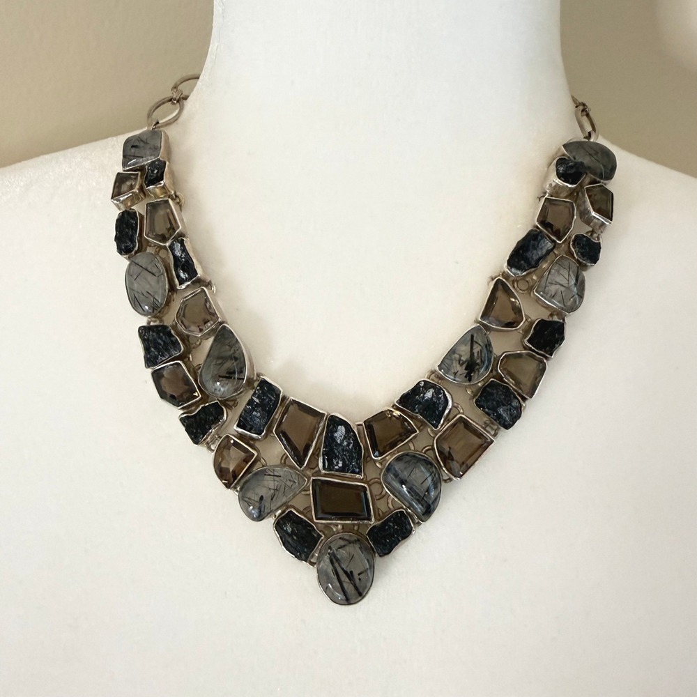 Handmade Artisan 925 Multi-Stone Smoky Quartz Tourmaline Statement Necklace